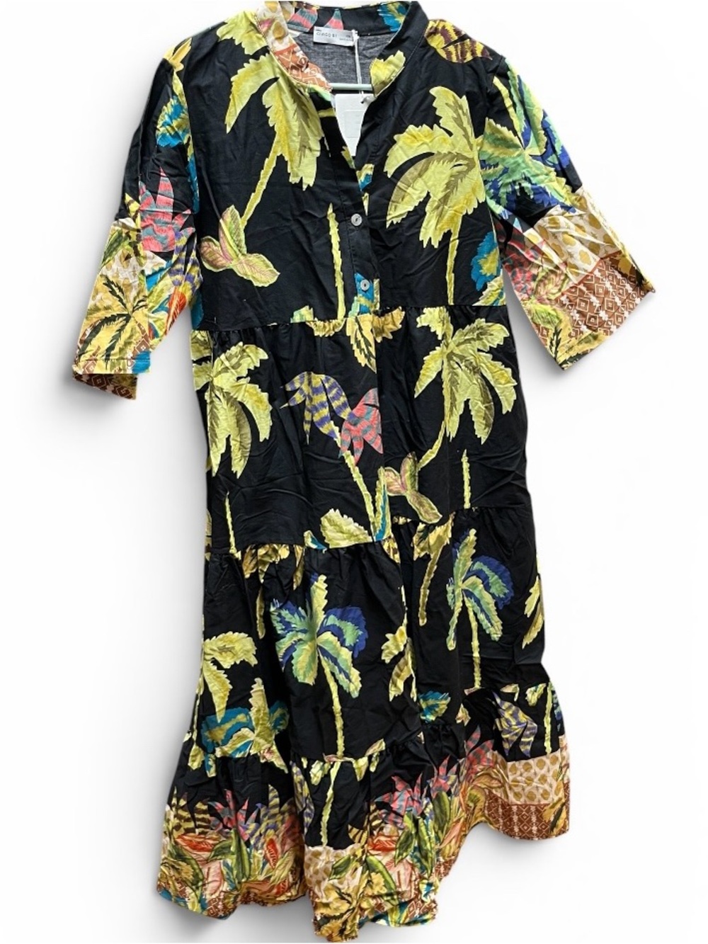 Civico 51 Maxi Dress Large Hawaiian Aloha Tropical Print Tiered Made Italy, NWT